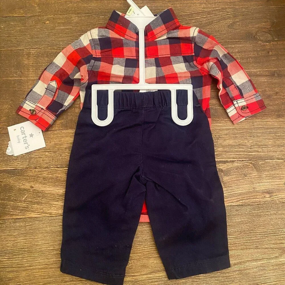 Carter's Plaid Shirt One Piece Pants Set Two Piece 3 Months NWT Button Up Casual